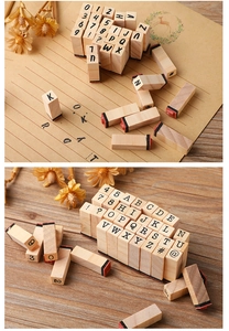 Detail of wooden letter and number stamps with rubber surface and kraft paper usage