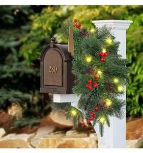 Christmas mailbox garland with pine cones, red berries and warm LED lights decoration