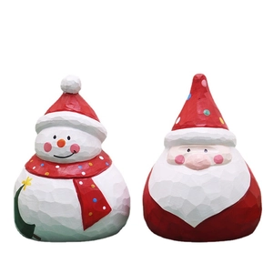 Hand-painted wood-carved style Christmas Santa and Snowman tabletop figurines set