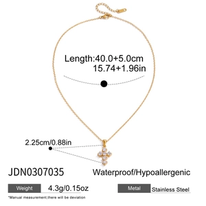 Gold stainless steel cross necklace with cubic zirconia stones and 40cm chain detail