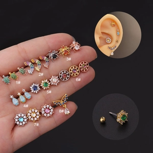 Cartilage Earring Stud Stainless Steel Post Colorful Zircon Screw Back Piercing Jewelry Korean Style Elegant Accessory