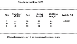Detailed size chart for women's faux suede jacket showing dimensions in centimeters