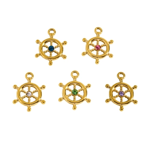 Golden ship wheel pendants with colorful rhinestones for DIY jewelry making