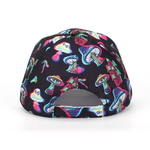 Detail of adjustable strap back on a black baseball cap with vibrant mushroom print