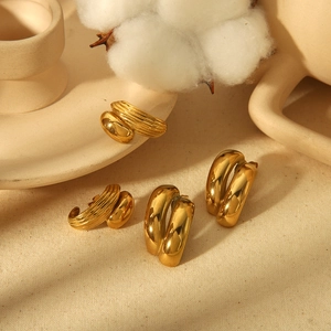 Irregular geometric gold titanium steel earrings with smooth and ribbed texture design
