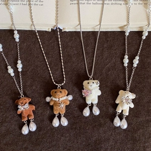 Collier Pendentif Ours En Peluche Alliage Imitation Künstliche Perle Longue Chaîne De Pull Dessin Animé Bijoux Mignons Pour Femmes