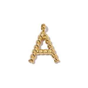 Close-up of 18k gold plated titanium steel capital letter A pendant with twisted rope texture