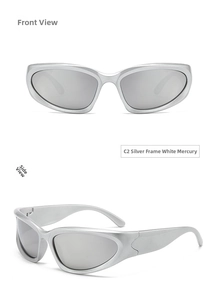 Front and side views of silver Y2K sports sunglasses with metallic reflective lenses