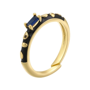 Gold and black leopard print open ring with a rectangular blue gemstone on white background
