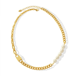 18K gold plated thick chain necklace with freshwater pearls and square lock pendant