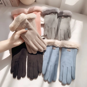 Women's winter faux suede thermal gloves with plush fur cuffs and touch screen support