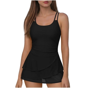 Detail of black one-piece swimdress with double thin straps and layered ruffled skirt