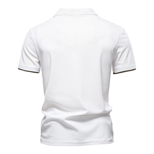 Back view of white piqué polo shirt for men with dark contrast trim on short sleeves