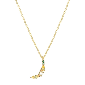 Detail of 18K gold chain necklace with colorful marquise-cut gemstone fruit pendant