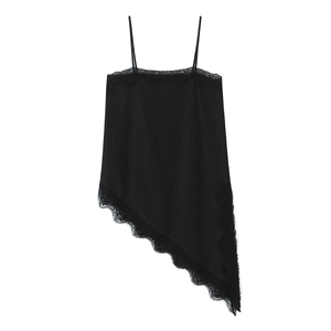 Polka Dot Camisole Top With Lace Trim Asymmetrical Hem Spaghetti Strap Sexy Slim Fit Acrylic Sleeveless Shirt For Women