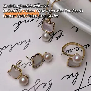 Cute cat mother-of-pearl jewelry set with 7-8mm freshwater pearls in gold plating