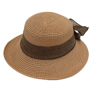 French style straw sun hat with elegant dark brown ribbon bow for women summer travel