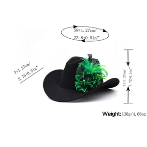 Stiff black felt cowboy hat with green satin flower and feathers for theme parties