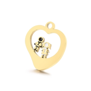 Golden heart pendant featuring astronaut and girl figures in stainless steel