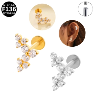 F136 titanium star labret stud with zircon stones and internal thread design