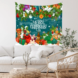 Detail of Christmas tapestry featuring festive illustrations on a dark green fabric background