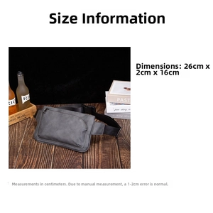 Detailed dimension guide for grey matte leather chest bag showing 26x2x16 cm measurements