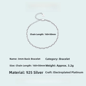 Detail of 3mm S925 sterling silver rectangle link bracelet with 160+50mm length adjustment