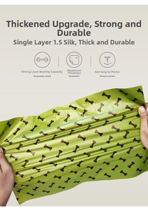 Detail showing 1.5 wire thickness of a green pet waste bag with high puncture resistance