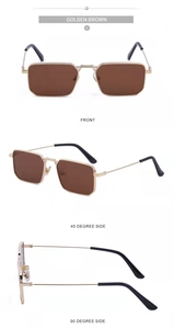 Three views of golden square metal sunglasses with brown lenses and front-to-side angles