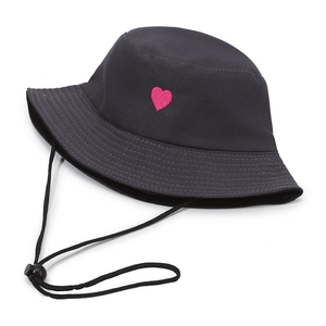 Black women's outdoor bucket hat with pink heart embroidery and adjustable windproof rope