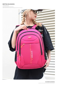 Front view of pink waterproof casual backpack with functional pockets and side mesh pockets