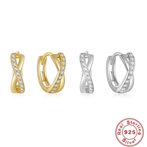 Crossed S925 sterling silver hoop earrings with clear zircons in gold and silver