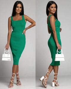 Detailed front and side view of a green ribbed knit midi dress with a square neckline