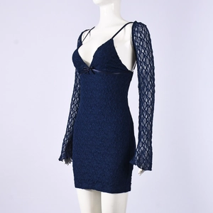 Detailed view of dark blue lace two-piece set featuring a slim-fit dress and long sleeves