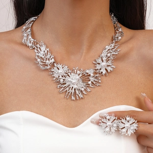 Silver flower jewelry set with necklace and earrings featuring white faux pearls
