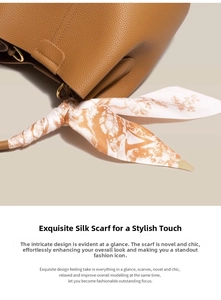 Detail of caramel leather bucket bag featuring lychee texture and floral silk scarf handle