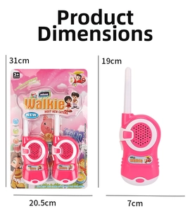Pink walkie talkie set for kids showing packaging dimensions and product size details