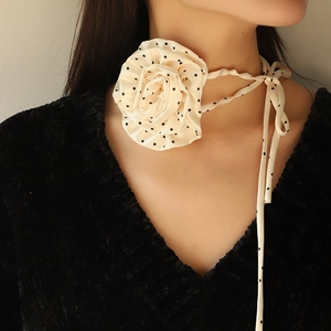 Long beige polka dot chiffon rose choker necklace with bow tie-up for women