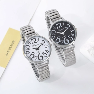 Minimalist quartz watch with expansion band and large digital scale in black and white