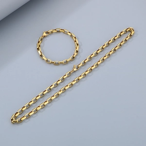Detailed view of 18K gold plated stainless steel box chain necklace and bracelet set