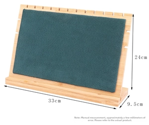 Bamboo jewelry display stand with green velvet surface showing dimensions 33x24x9.5cm