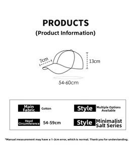 Size chart showing baseball cap dimensions: 7cm brim, 13cm height, and 54-60cm circumference