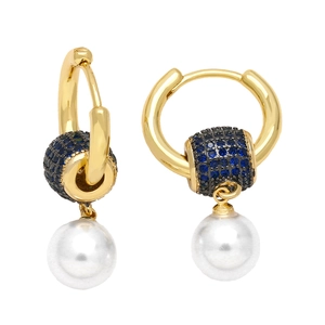 Elegant gold pearl hoop earrings featuring a blue crystal charm and round white pearls