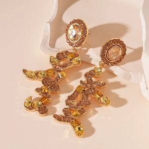 Gold-plated earrings with Chinese character 'Fa' and colorful rhinestones in retro style