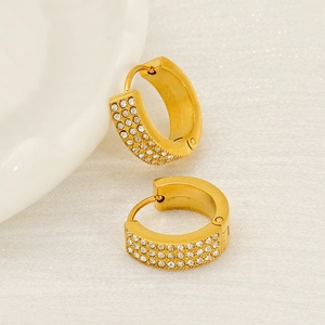 Elegant gold hoop earrings with three rows of micro-pave white zircons for women