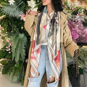 Elegant 130cm large silk scarf with abstract floral oil painting print for women