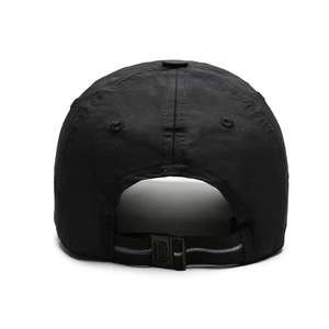 Black quick-dry baseball cap featuring an adjustable back buckle and breathable vents