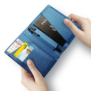 Blue crosshatch PU leather passport wallet holder with card slots and pen loop