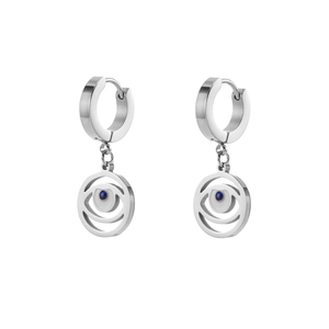 Silver geometric earrings with devil's eye charms and blue gemstone inlay on white background