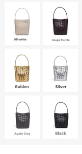 Grille détaillée de six mini sacs seaux en cuir tressé en blanc cassé, violet et tons métal
